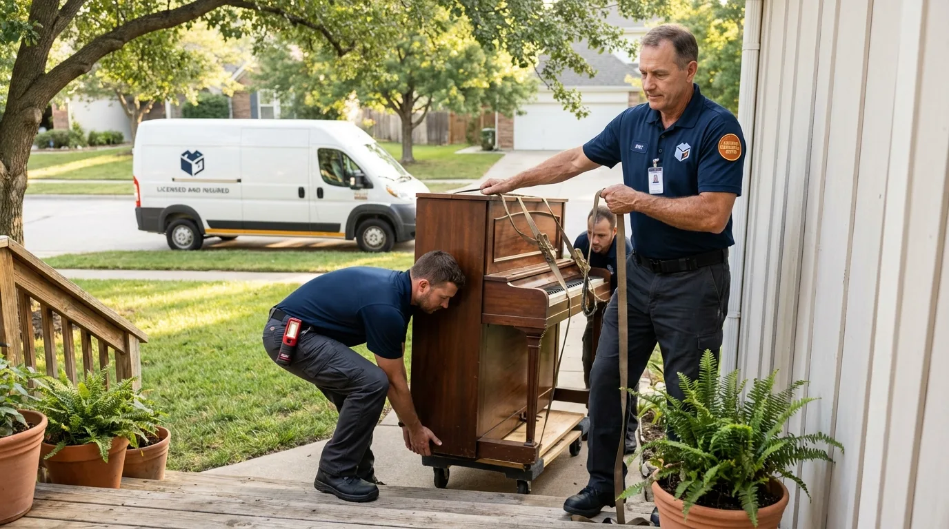 Licensed piano movers securing grand piano in Gaston, NC