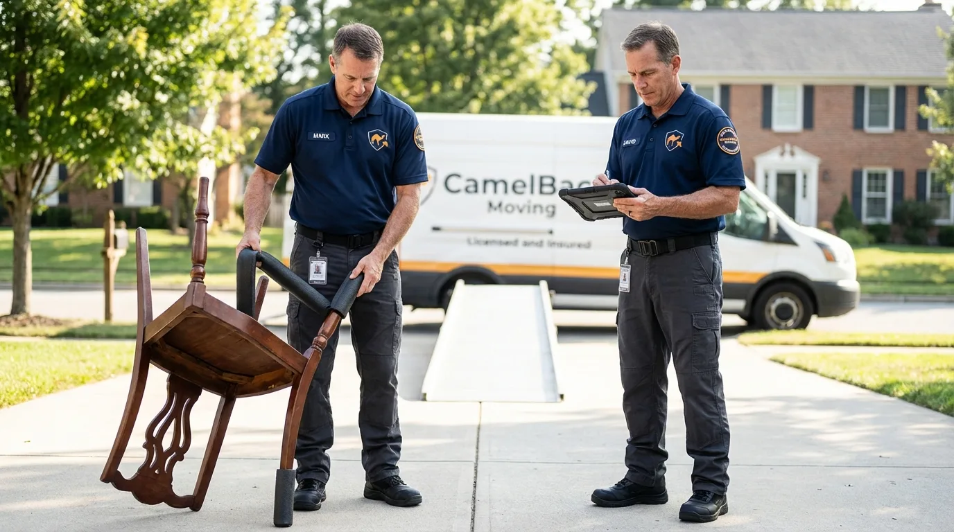 Movers inspecting furniture for damage prevention before loading in Gaston, NC