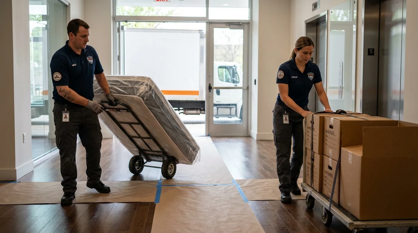 Professional apartment movers loading elevator in Gaston, NC
